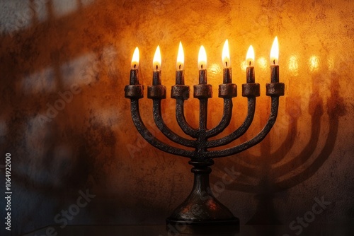 Menorah Lit with All Candles: A close-up shot of a beautifully designed menorah with all nine candles lit, their flames glowing warmly in a dimly lit room, with soft shadows cast on the wall behind photo