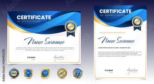 Certificate of appreciation template, gold and blue color. Clean modern certificate with gold badge. Certificate border template with luxury and modern line pattern. Diploma vector template