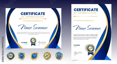 Certificate of appreciation template, gold and blue color. Clean modern certificate with gold badge. Certificate border template with luxury and modern line pattern. Diploma vector template