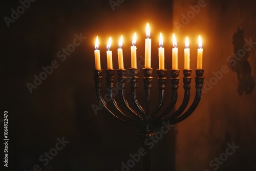 Menorah Lit with All Candles: A close-up shot of a beautifully designed menorah with all nine candles lit, their flames glowing warmly in a dimly lit room, with soft shadows cast on the wall behind photo