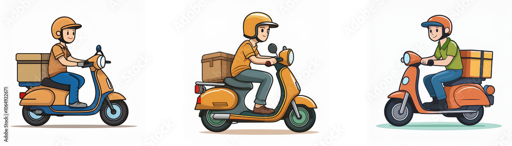 Three delivery people riding scooters with packages. Three delivery people riding scooters with packages.