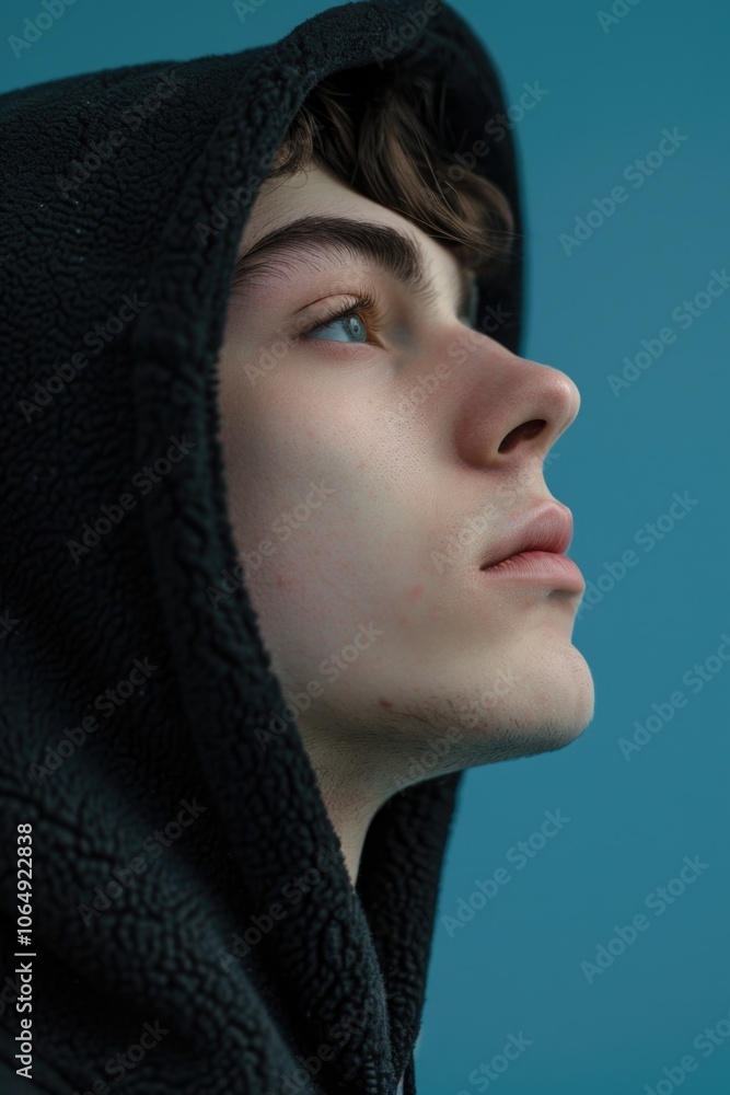 A person wearing a black hoodie looks upwards, possibly contemplating or seeking inspiration A person wearing a black hoodie looks upwards, possibly contemplating or seeking inspiration