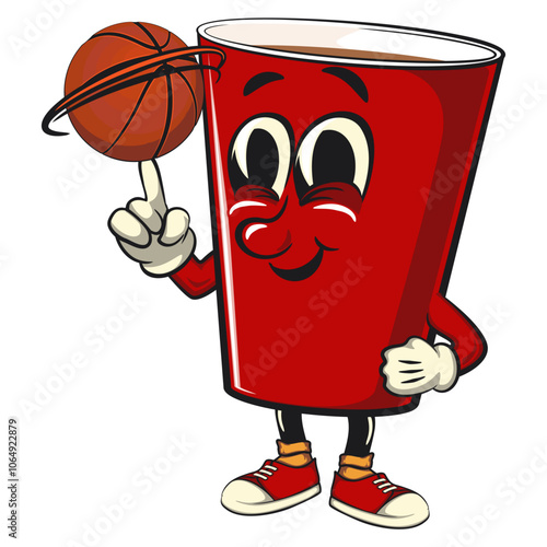 Red cup beer pong cartoon mascot character icon spin the basketball with the index finger, work of hand drawn