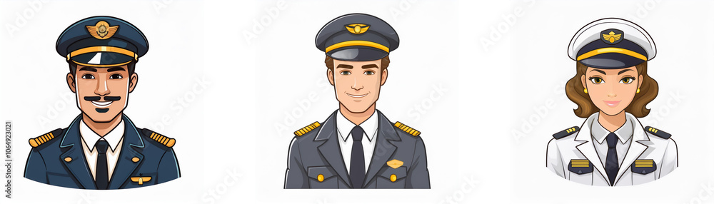 Three people are pictured, wearing pilot uniforms and caps. Three people are pictured, wearing pilot uniforms and caps.