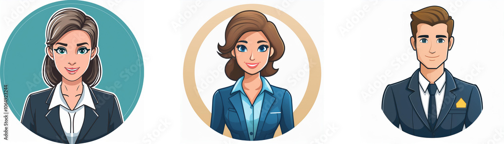 Three cartoon avatars of business professionals, two women and one man.