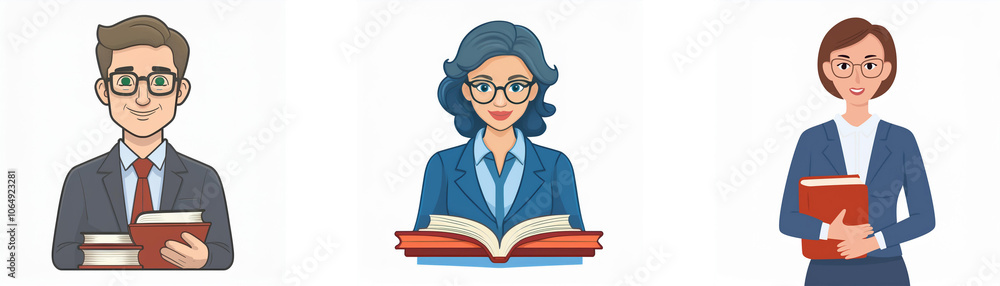 Three cartoon people wearing business attire, holding books. Three cartoon people wearing business attire, holding books.