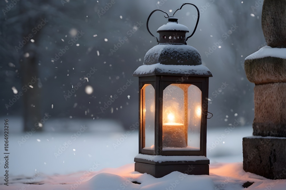 old lantern with gentle fire on the snow, lantern in snow fall old lantern with gentle fire on the snow, lantern in snow fall