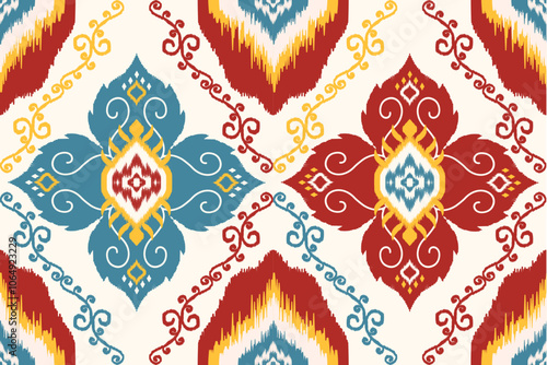 Ethnic ikat seamless pattern.beautiful pattern. floral embroidery, bohemian style, abstract flower art print. ethnic ikat abstract art. seamless fabric. ikat design for fabric, wallpaper, clothing.	