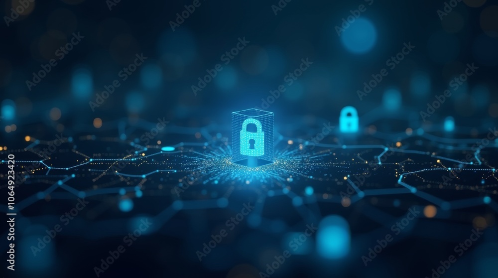 Obraz premium Digital padlock icon in a futuristic network. Cybersecurity and data protection concept