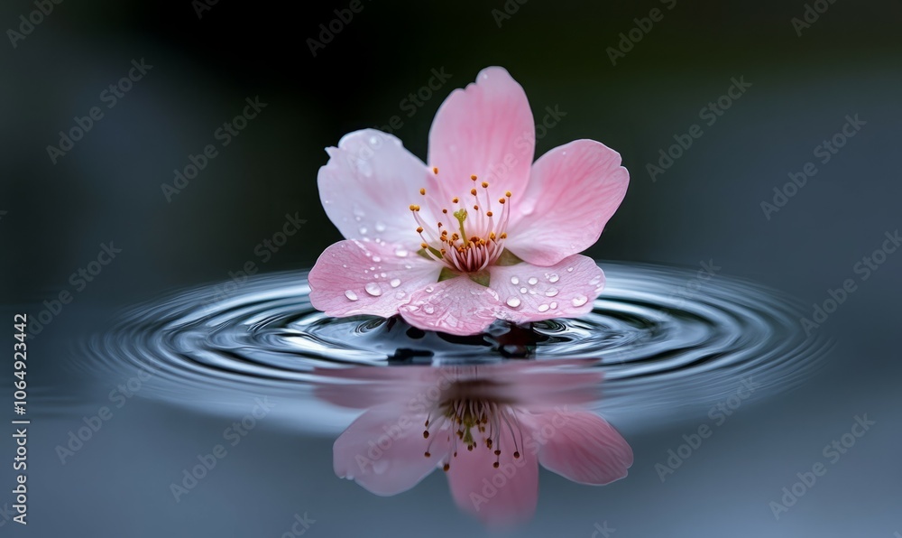 A minimalist, high-quality image featuring a peach blossom flower floating delicately on water with gentle ripples extending outwards A minimalist, high-quality image featuring a peach blossom flower floating delicately on water with gentle ripples extending outwards