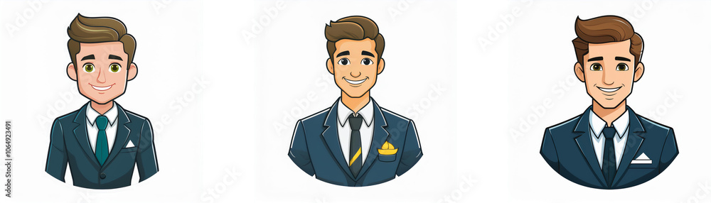 Three cartoon men in suits with different colored ties and pocket squares smiling. Three cartoon men in suits with different colored ties and pocket squares smiling.