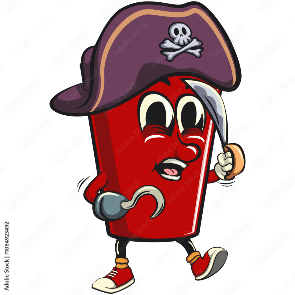 Red cup beer pong cartoon mascot character icon as pirate with dagger, work of hand drawn Red cup beer pong cartoon mascot character icon as pirate with dagger, work of hand drawn