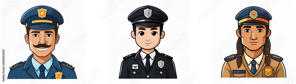 Three cartoon illustrations of police officers, each with a different design and expression. Three cartoon illustrations of police officers, each with a different design and expression.