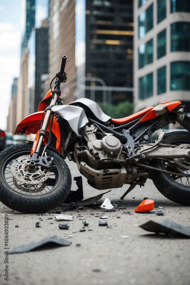 Damaged motorcycle on city street surrounded by debris, showcasing urban environment Damaged motorcycle on city street surrounded by debris, showcasing urban environment