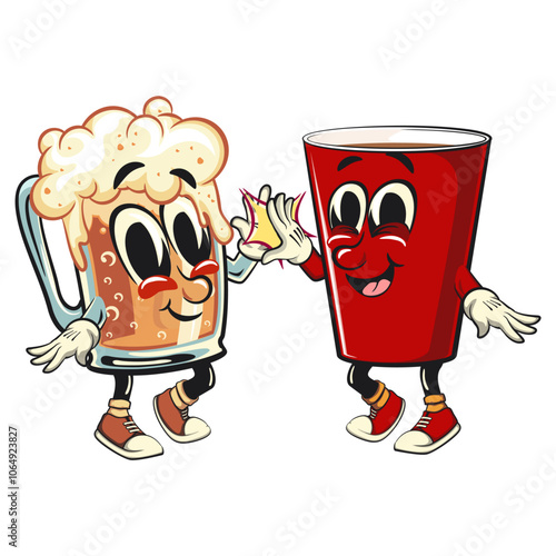 Red cup beer pong cartoon mascot character icon giving a large glass of beer a high five, work of hand drawn
