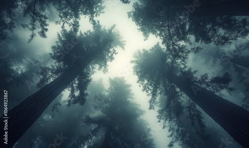 A misty morning scene looking up at towering redwood trees shrouded in fog