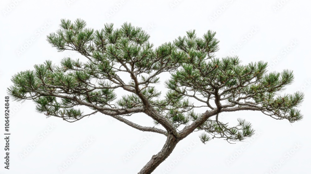 Pine-studded branches of a stately fir tree captivate against a backdrop of pure white. Pine-studded branches of a stately fir tree captivate against a backdrop of pure white.