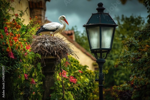 A stork sits on top of its nest on a lamp post