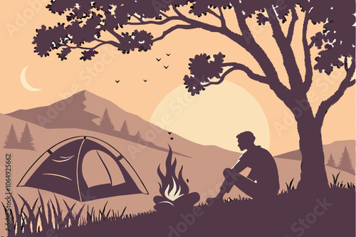 Camper by Campfire Silhouette Vector with Tent