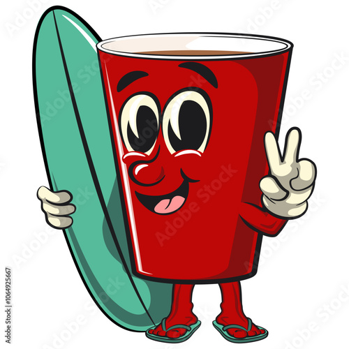 Photography Red cup beer pong cartoon mascot character icon with surfboard and gave a peace