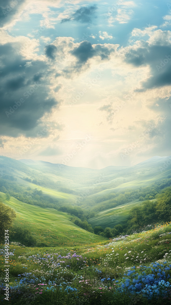 Rolling Green Hills Under Partly Cloudy Sky with Wildflowers in Bloom