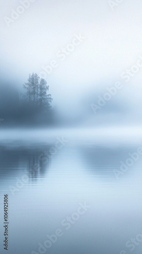 Misty lake with smooth water and silhouetted trees, calming blue-gray tones.