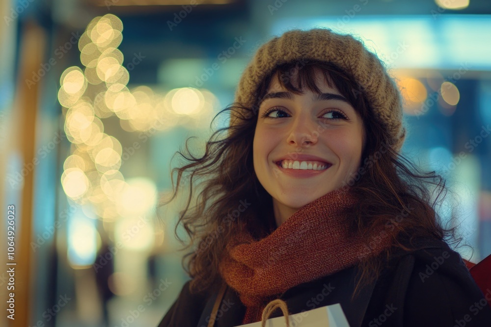 A woman in winter clothing holds multiple shopping bags, ready for a day of errands or holiday gift-giving A woman in winter clothing holds multiple shopping bags, ready for a day of errands or holiday gift-giving