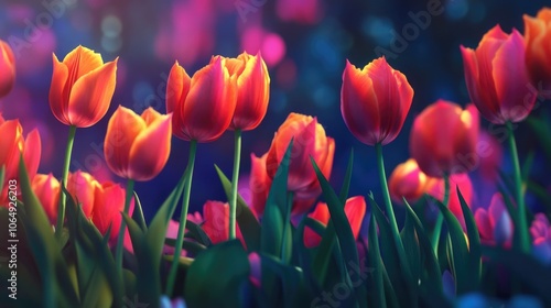 A bouquet of bright red tulips growing in a lush green field, great for spring or gardening themes photo