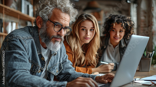 A diverse team collaborates intensely on a project in a modern office, highlighting teamwork, creativity, and focus. photo