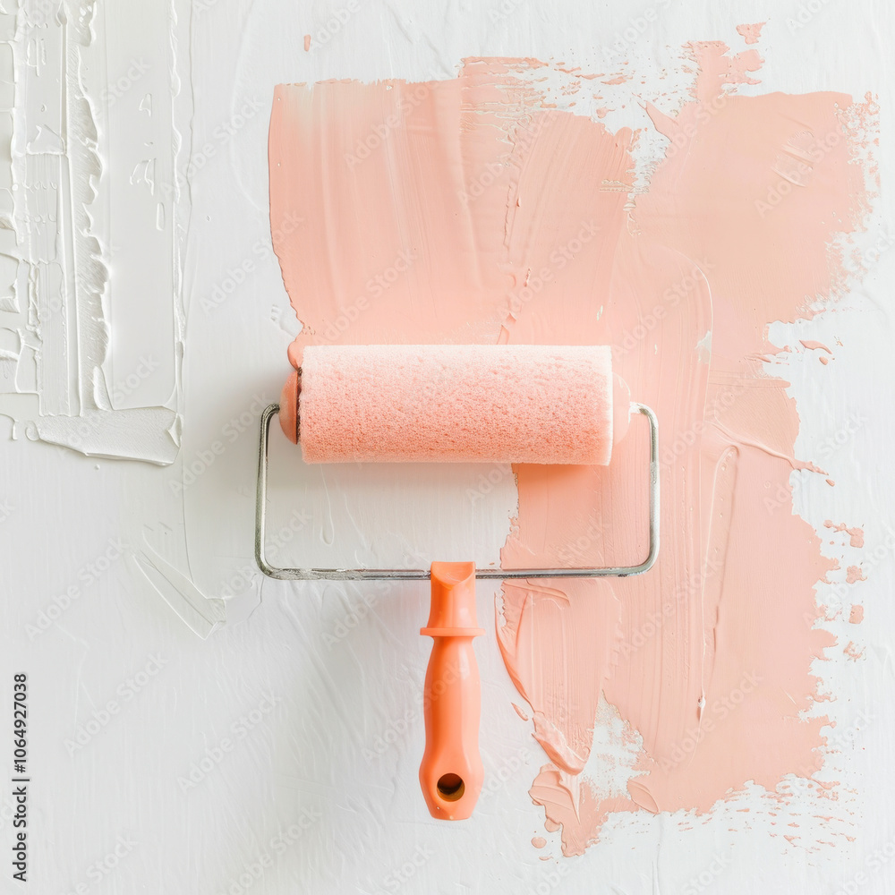 Obraz premium A paint roller rests on a freshly painted wall