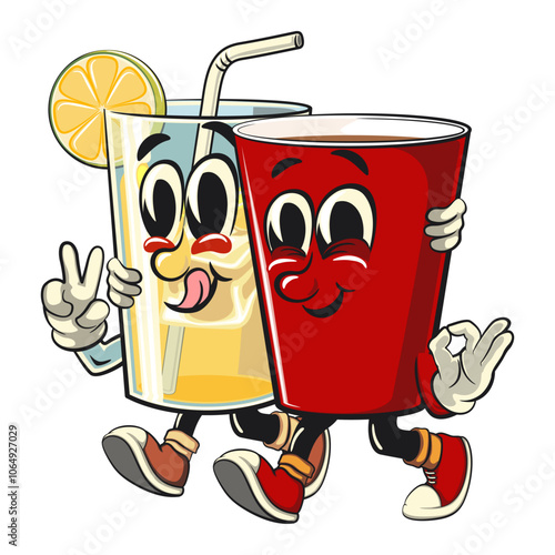 Red cup beer pong cartoon mascot character icon walking with a glass lemon ice character while giving a peace and giving an ok sign, work of hand drawn