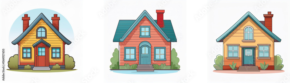 Three cartoon houses with different colored walls, windows, and roofs. Three cartoon houses with different colored walls, windows, and roofs.