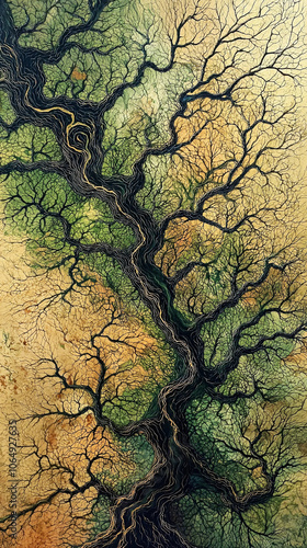 Aerial view of a dry riverbed resembling tree branches in a barren landscape. photo