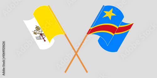 Crossed and waving flags of Vatican and Democratic Republic of the Congo. Vector illustration