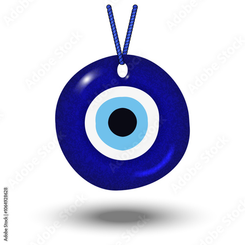 Traditional blue evil eye talisman on the rope realistic vector object, symbol protection and warding off negative energy. A glass nazar amulet perfect for spiritual, cultural, and mystical themes.