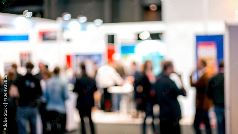 Fototapeta premium A vibrant blur showcasing interactions at a trade show, with booths and participants engaged in discussions. 
