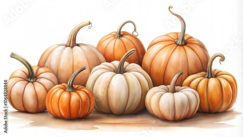 Variety of pumpkins in different shapes and colors arranged beautifully on a soft background