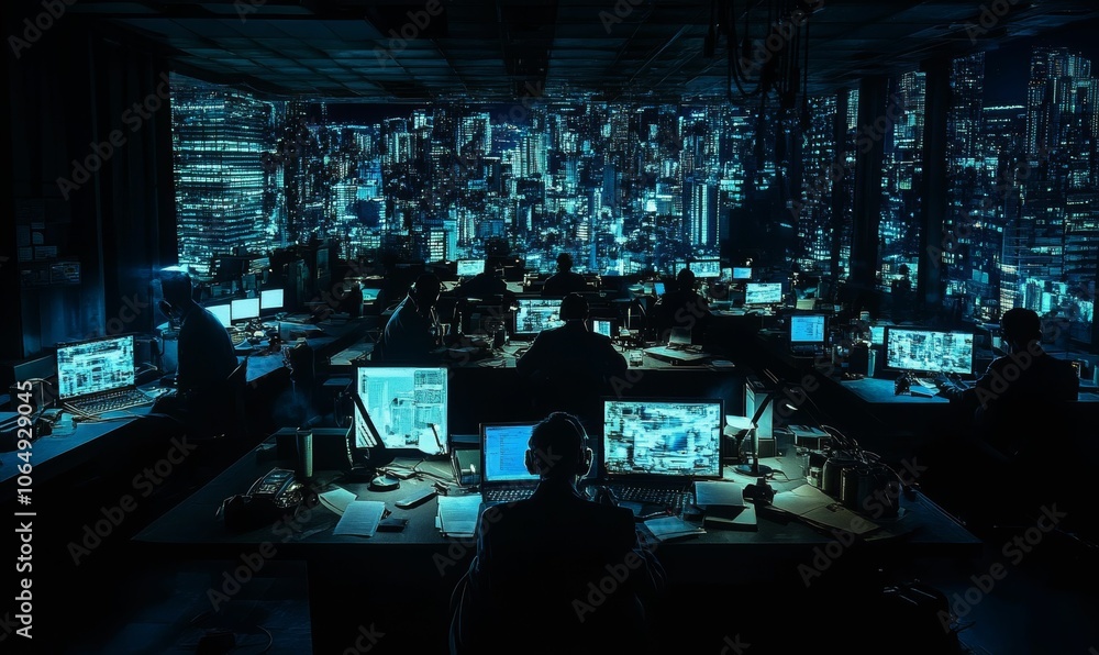 Hackers working in a dark room overlooking a city. Hackers working in a dark room overlooking a city.