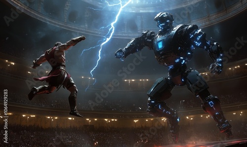 A man fights a robot in an arena.