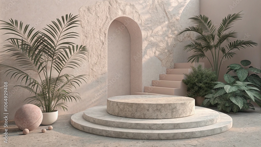 Fototapeta premium 3D rendering of stone podium geometry. Abstract pastel geometric shape blank platform. Empty showcase pedestal product display for cosmetic presentation. Minimal composition with round scene.