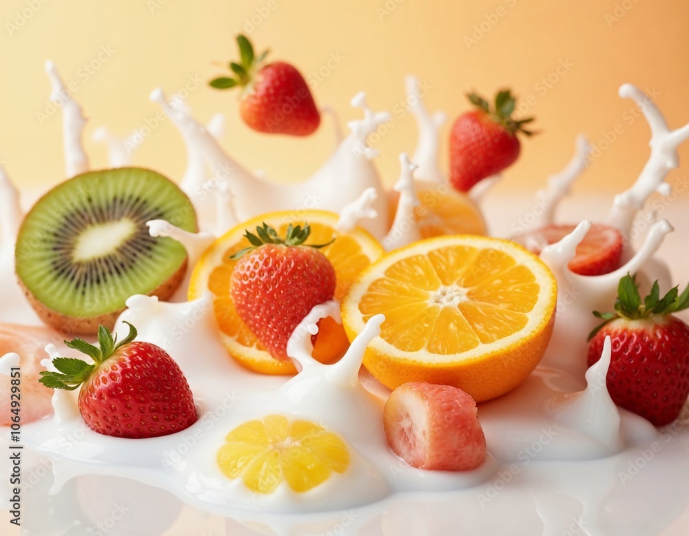 Fresh Fruits Immersed in water and milk.Refreshing and Invigorating Fresh Fruits Immersed in water and milk.Refreshing and Invigorating