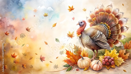 Beautifully illustrated turkey surrounded by autumn leaves and pumpkins on a colorful watercolor background photo