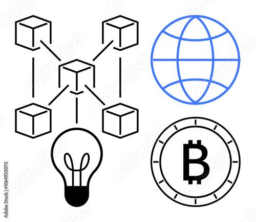 Cube network illustrating blockchain concept, globe icon for global reach, lightbulb symbolizing idea generation, Bitcoin emblem for cryptocurrency. Ideal for technology, finance, innovation