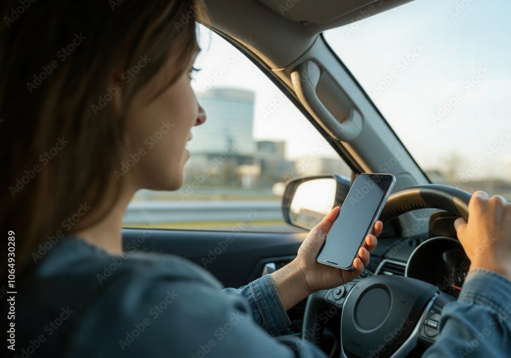 Naklejka premium Businesswoman using smartphone while driving, causing a dangerous distraction on road