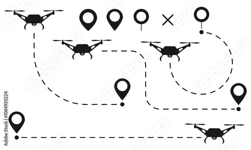 Drone or quadcopter routes set. Tracking or delivery concept. Vector illustration isolated on white background