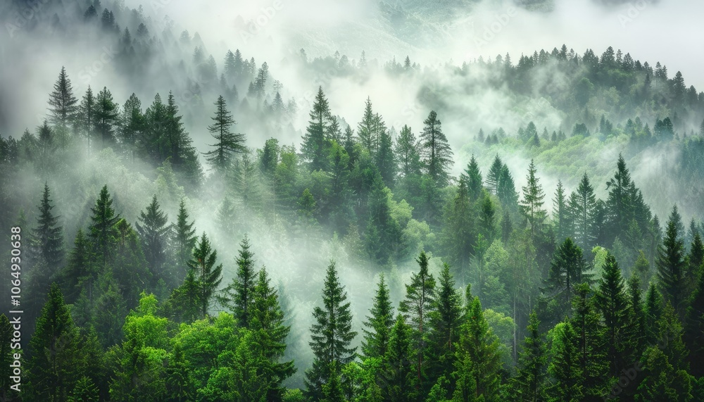 Misty Forest Landscape with Tall Pine Trees Misty Forest Landscape with Tall Pine Trees