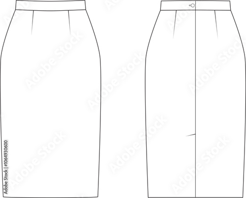 Editable technical fashion sketch for a basic pencil skirt, for apparel design, tech packs, and fashion production. Front and back view.