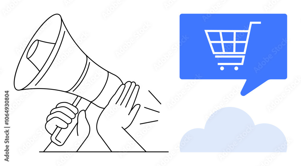 Hands holding a megaphone with a blue speech bubble displaying a shopping cart icon above a cloud. Ideal for advertising, marketing, promotions, e-commerce, sales, online shopping, announcements Hands holding a megaphone with a blue speech bubble displaying a shopping cart icon above a cloud. Ideal for advertising, marketing, promotions, e-commerce, sales, online shopping, announcements