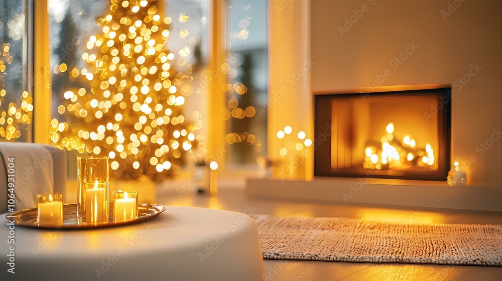 A lit fireplace and a tray of candles on a coffee table in a cozy living room. The background is blurred with bright lights. A lit fireplace and a tray of candles on a coffee table in a cozy living room. The background is blurred with bright lights.