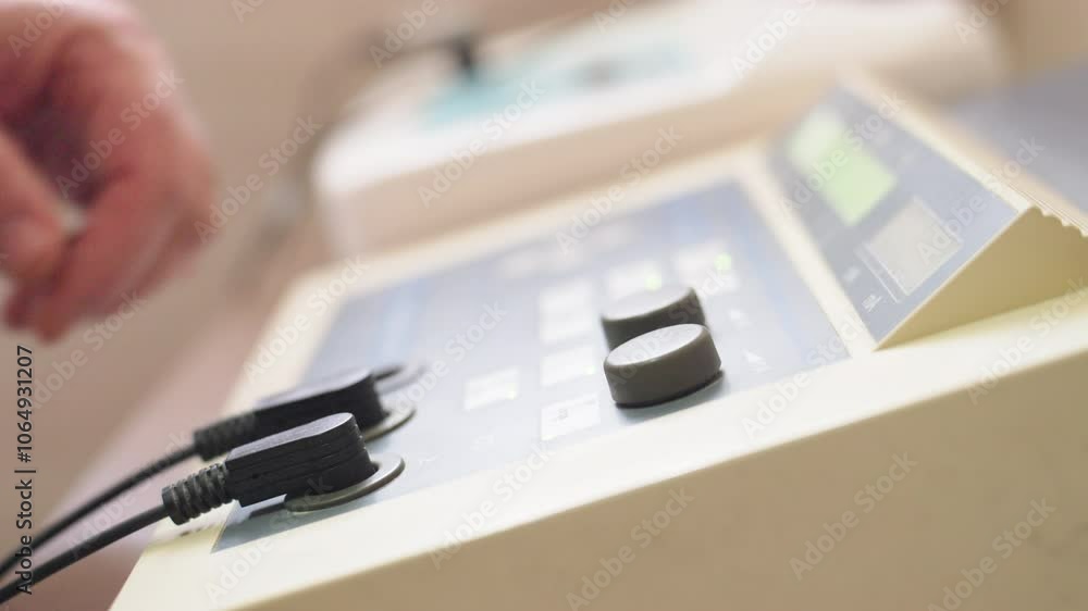 Close-up of hands adjusting settings on a medical device with cables connected, highlighting precise control and healthcare technology. Concept of medical equipment and operation Close-up of hands adjusting settings on a medical device with cables connected, highlighting precise control and healthcare technology. Concept of medical equipment and operation